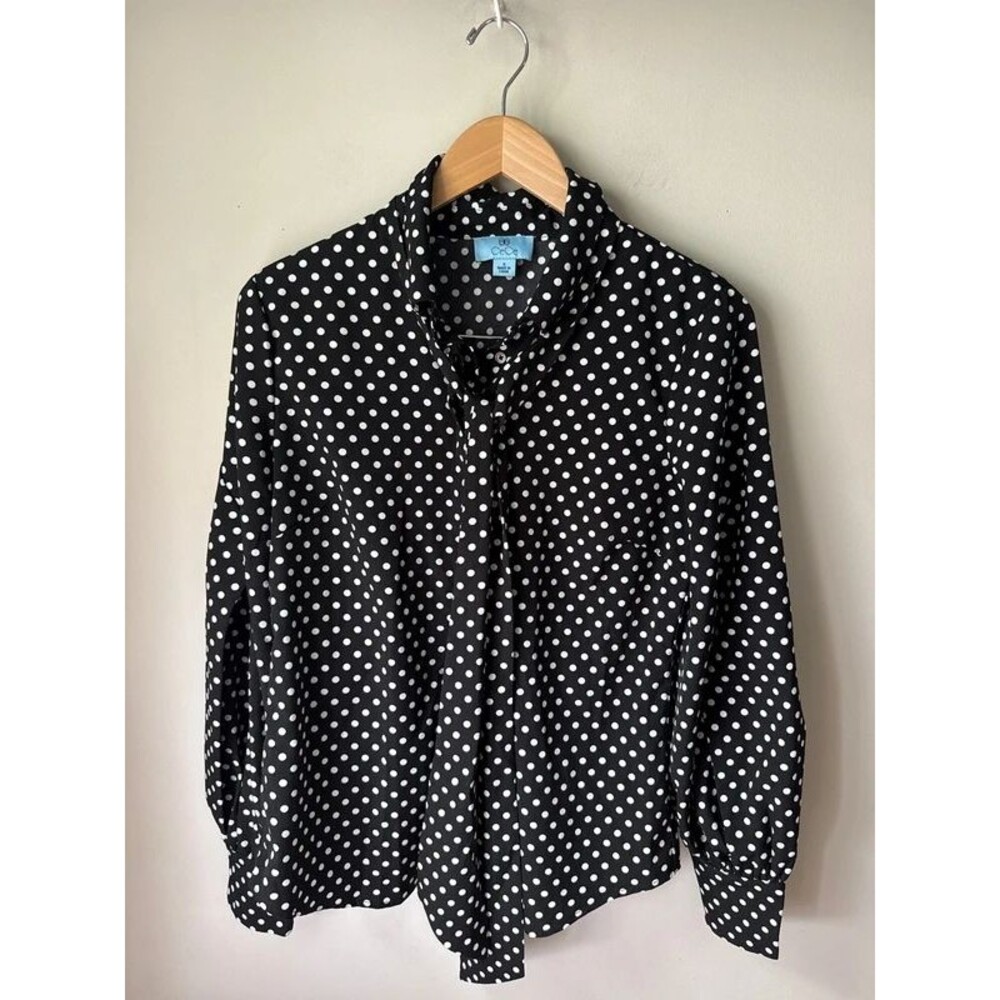 CeCe Black White Polka Dot Tie Neck Blouse Small